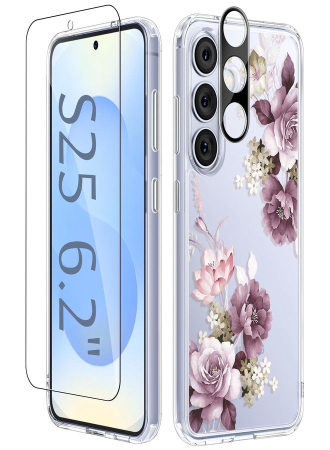 GVIEWIN Compatible with Samsung Galaxy S25 Case 6.2" 2025, with Screen & Camera Lens Protector, Non-yellow Flower Clear Anti-Scratch Shockproof Bumper Protective Girls Cover, Cherry Blossoms/Purple - Image 1