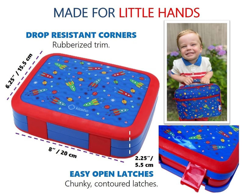 kinsho Bento Lunch Box, Water Bottle, Ice Pack Set for Kids Toddlers, 5 Portion Sections, Removable Plastic Tray, Pre-School Kid Toddler Daycare Lunches, Snack Container, Blue Space Rocket - Image 3