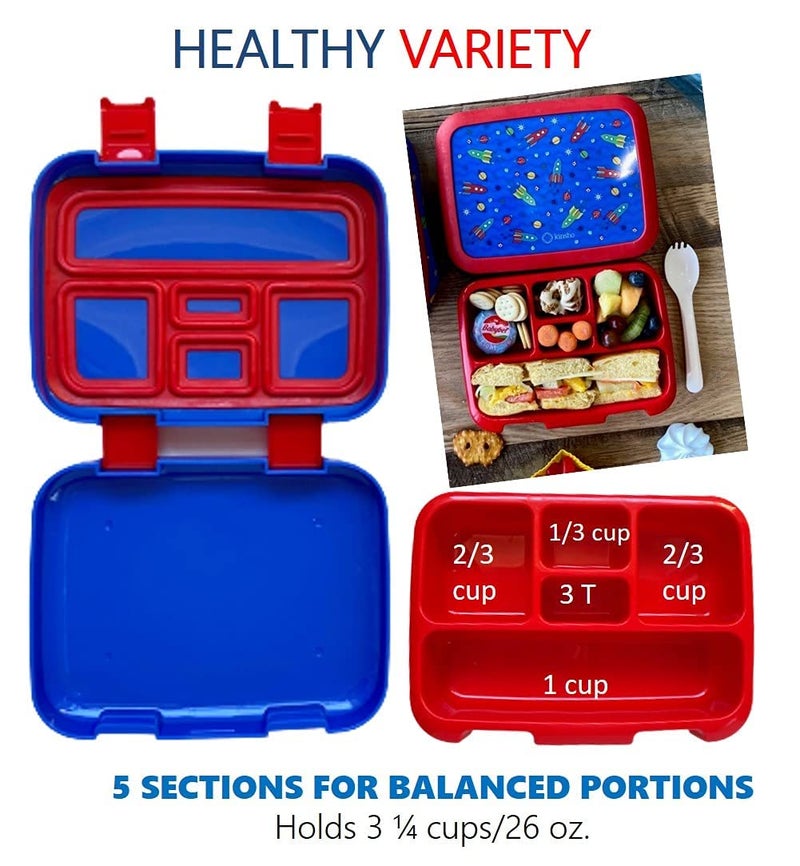 kinsho Bento Lunch Box, Water Bottle, Ice Pack Set for Kids Toddlers, 5 Portion Sections, Removable Plastic Tray, Pre-School Kid Toddler Daycare Lunches, Snack Container, Blue Space Rocket - Image 4