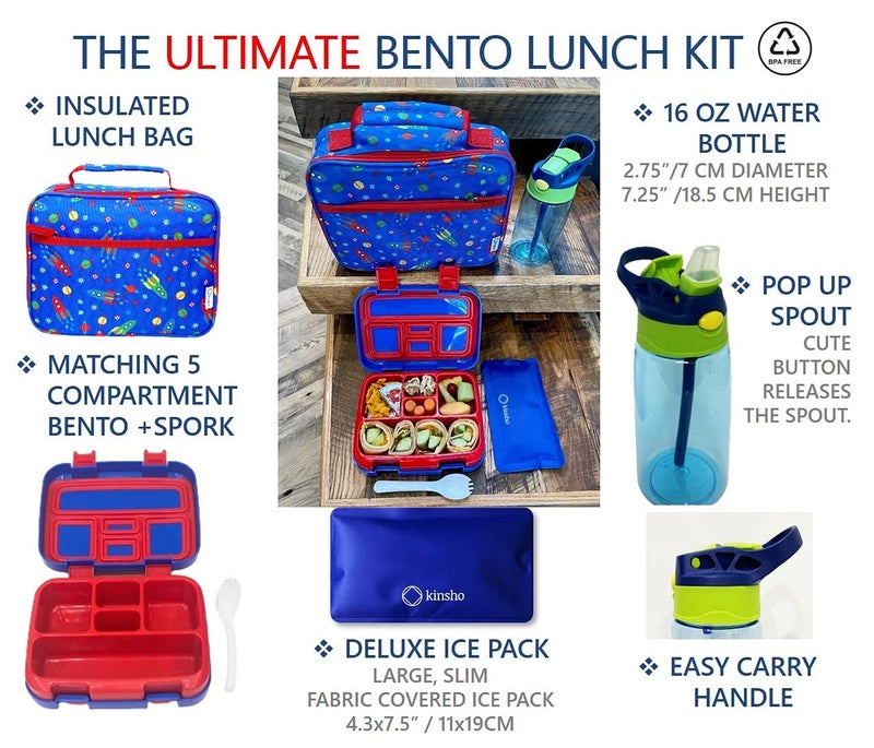 kinsho Bento Lunch Box, Water Bottle, Ice Pack Set for Kids Toddlers, 5 Portion Sections, Removable Plastic Tray, Pre-School Kid Toddler Daycare Lunches, Snack Container, Blue Space Rocket - Image 2