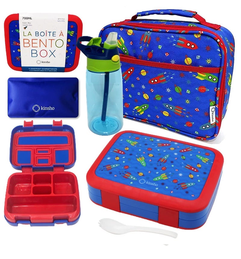 kinsho Bento Lunch Box, Water Bottle, Ice Pack Set for Kids Toddlers, 5 Portion Sections, Removable Plastic Tray, Pre-School Kid Toddler Daycare Lunches, Snack Container, Blue Space Rocket - Image 1