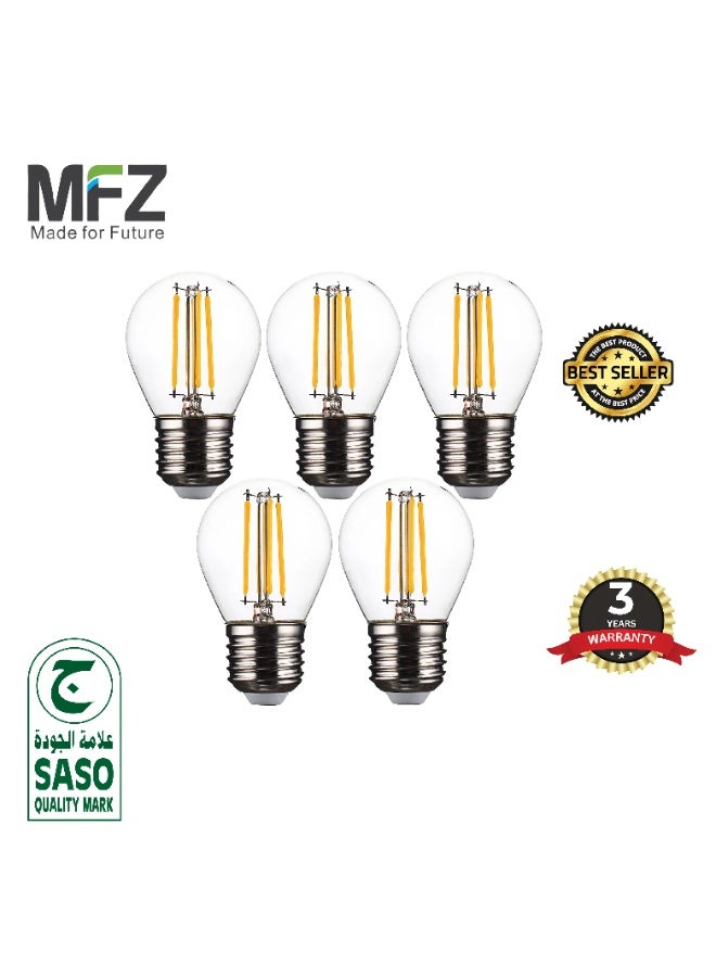 MFZ LED Bulbs 4W, E27 Round Base, 2700K Warm White, AC220–240V Filament Style – Pack of 5 Pieces - Image 1