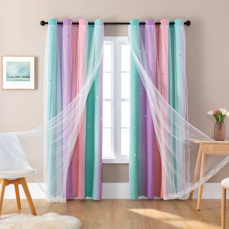 XiDi Blackout Curtains for 84 inches Long, Girls Bedroom Decro, Window Ombre Curtains 2 Panel Sets, Kids Room Unicorn Princess Theme Home Decor Colorful Rainbow Design Pink/Purple/Green - Image 1