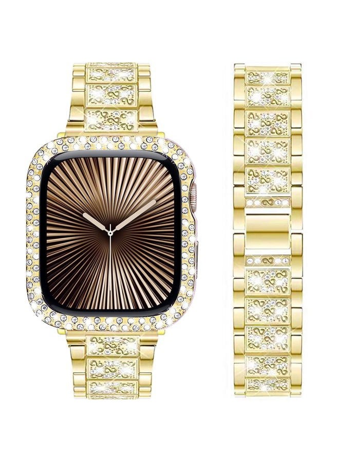 Dixie Bands Compatible with Apple Watch Series 9/8 / 7 (45mm), Bling Rhinestone Diamond Metal Strap with Protective Case Cover Replacement for iWatch 45mm Women Men (45mm, Gold)  - Image 1