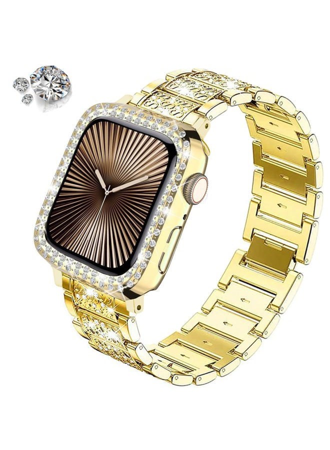 Dixie Bands Compatible with Apple Watch Series 9/8 / 7 (45mm), Bling Rhinestone Diamond Metal Strap with Protective Case Cover Replacement for iWatch 45mm Women Men (45mm, Gold)  - Image 2