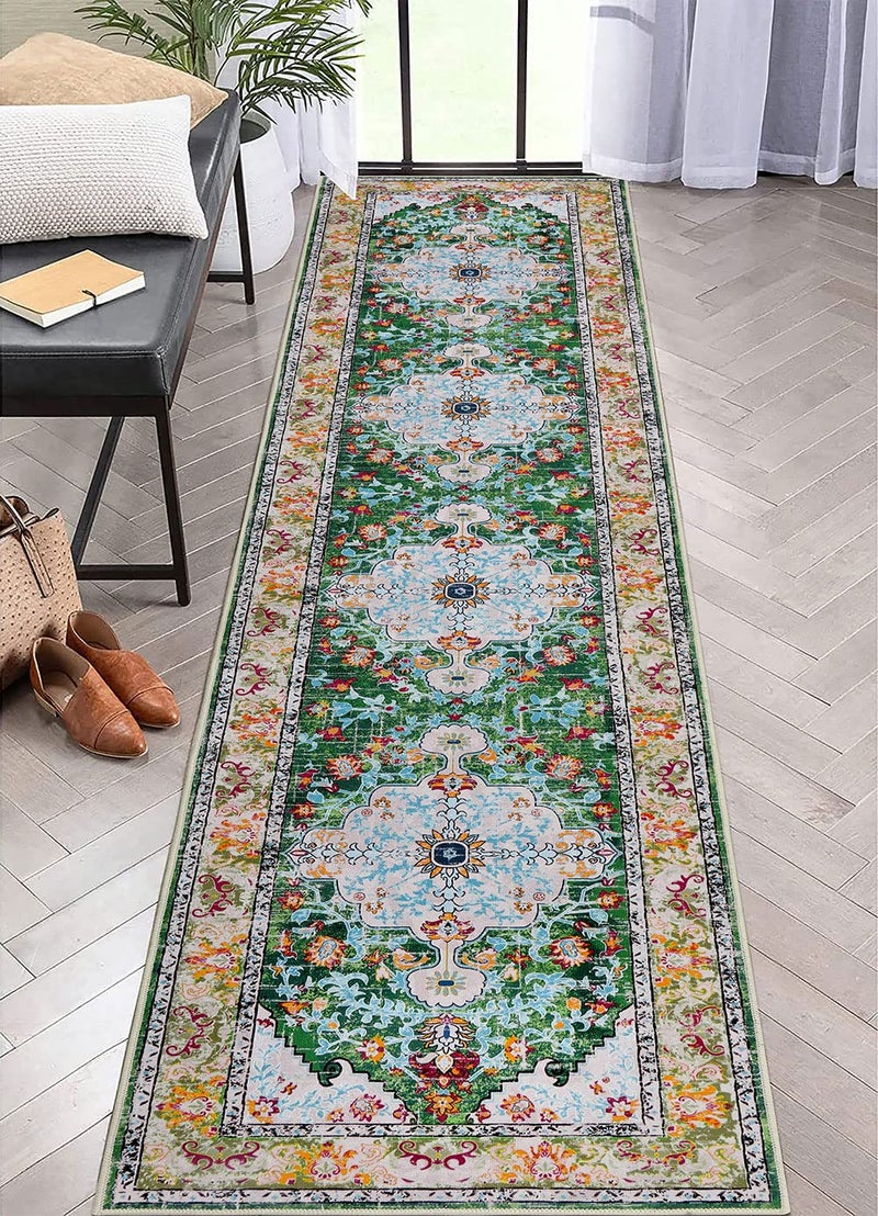 U'Artlines UArtlines 2 x 10 Boho Hallway Runner Rug Non Slip Washable Vintage Farmhouse Accent Area Rug Carpet for Kitchen Entryway Laundry and Living Room Green