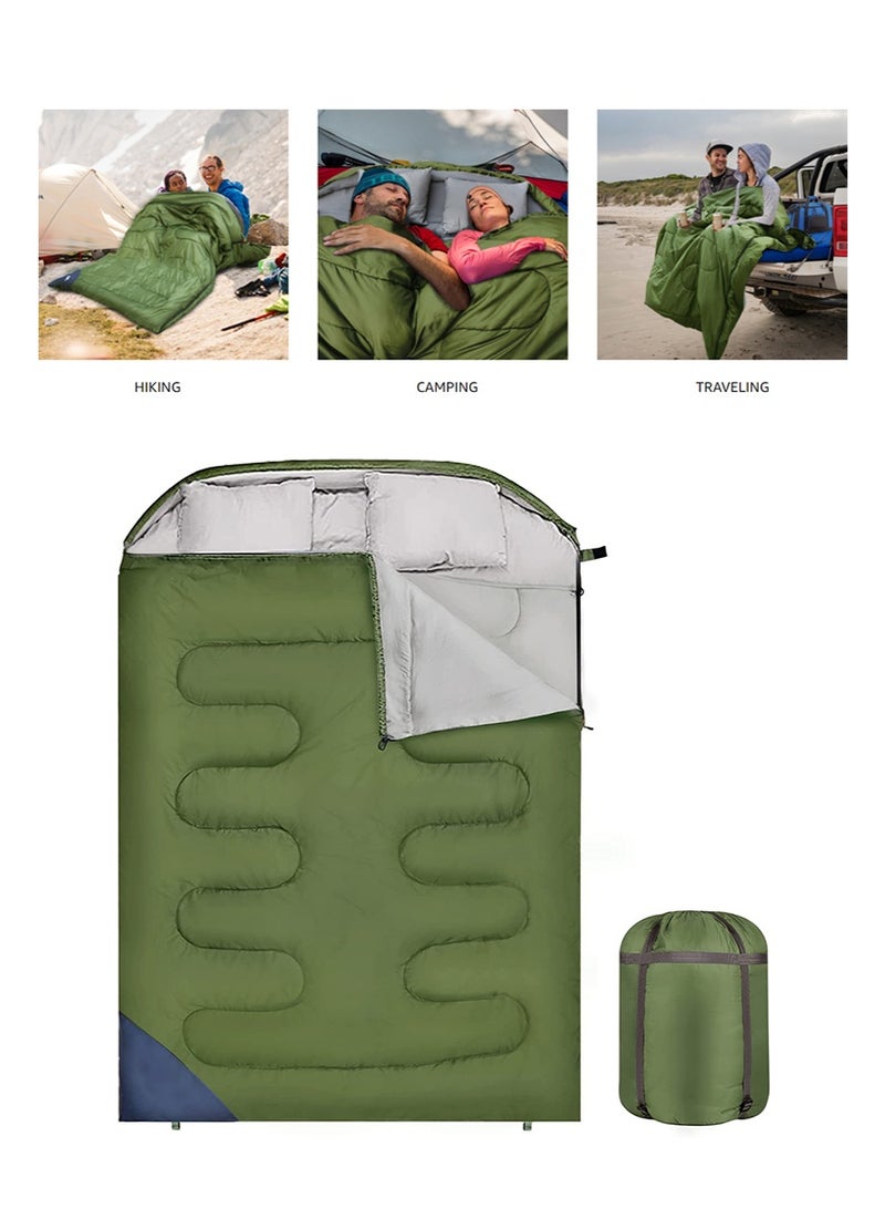 تابيت كيس نوم مزدوج للبالغين ، كيس نوم فوق الخفيفة المحمولة في الهواء الطلق ، كيس نوم الطقس البارد القابل للفصل مع وسادتين للتخييم ، المشي لمسافات طويلة ، السفر ، 220 * 150 سم (2.7 كيلوغرام ، أخضر) - Image 1