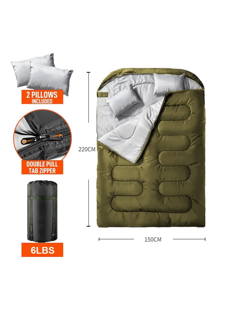 تابيت كيس نوم مزدوج للبالغين ، كيس نوم فوق الخفيفة المحمولة في الهواء الطلق ، كيس نوم الطقس البارد القابل للفصل مع وسادتين للتخييم ، المشي لمسافات طويلة ، السفر ، 220 * 150 سم (2.7 كيلوغرام ، أخضر) - Image 2