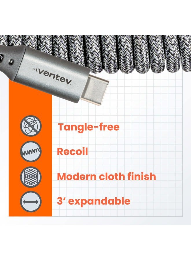 Ventev Helix 3ft Expandable USB C to USB C Cable | Fast Charging Cable for iPhone 16/16 Pro/15, MacBook, iPad Pro, Pixel 9, Samsung S25 | No Tangle Cord for Fast Charger, Crafted for The Car, Gray - Image 5
