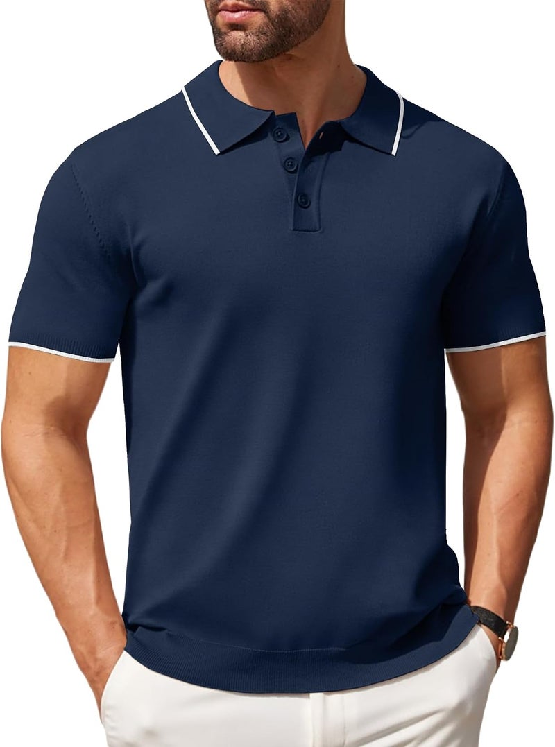 COOFANDY Men's Knit Polo Shirt - Casual Short Sleeve Button Down Golf Shirt in E-navy Blue with White Stripes - Image 1