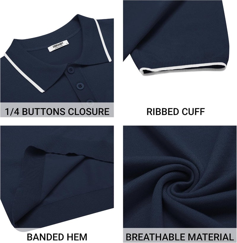 COOFANDY Men's Knit Polo Shirt - Casual Short Sleeve Button Down Golf Shirt in E-navy Blue with White Stripes - Image 5
