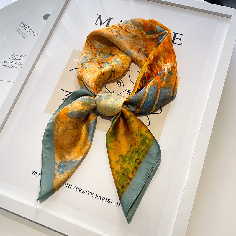 Oil painting small square scarf silk scarf for women Spring Autumn Winter mom matching shirt neck protection scarf scarf scarf 70x70 Autumn ginkgo 70 square scarf-gray and blue frame