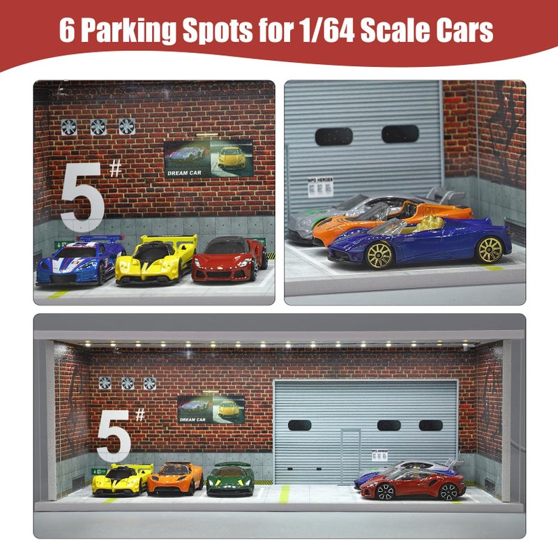 Saichotoy Display Case for Hot Wheels: Stackable Parking Garage for 1/64 Scale Matchbox Toy Car, FoamBoard Storage for Monster Trucks with LED Light and Acrylic Cover, Repair Store - Image 2