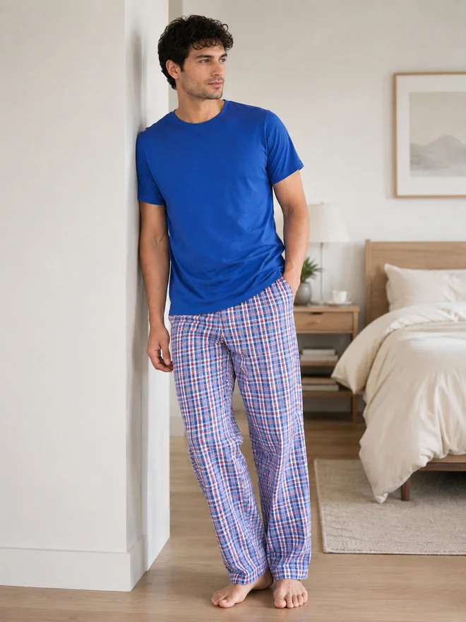 Victor And Jane victor and jane Deep Blue Checkered Short Sleeve  Pyjamas Set (100% Cotton)