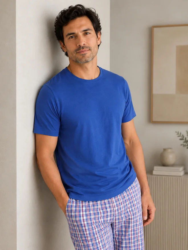 Victor And Jane victor and jane Deep Blue Checkered Short Sleeve  Pyjamas Set (100% Cotton)