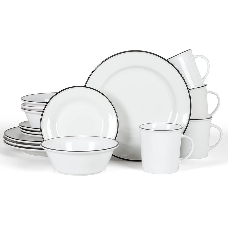 Martha stewart Martha Stewart Cliffield 16Piece Porcelain Chip and Scratch Resistant Dinnerware Set  White wBlack Rim 