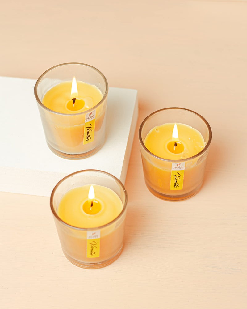 AURA DECOR AuraDecor Gift Set of 3 Fragrance Votive Glass Candles (Burning Time 12 Hours Each) (Vanilla) - Image 1