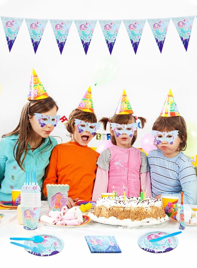 GROIC مجموعة لوازم حفلات حورية البحر (خدمة 10)، أواني طعام للاستعمال مرة واحدة لحفلات أعياد الميلاد، مجموعة لوازم الحفلات الكل في واحد تتضمن أطباق ورقية على شكل حورية البحر وأكواب ومناديل وأدوات مائدة - Image 3