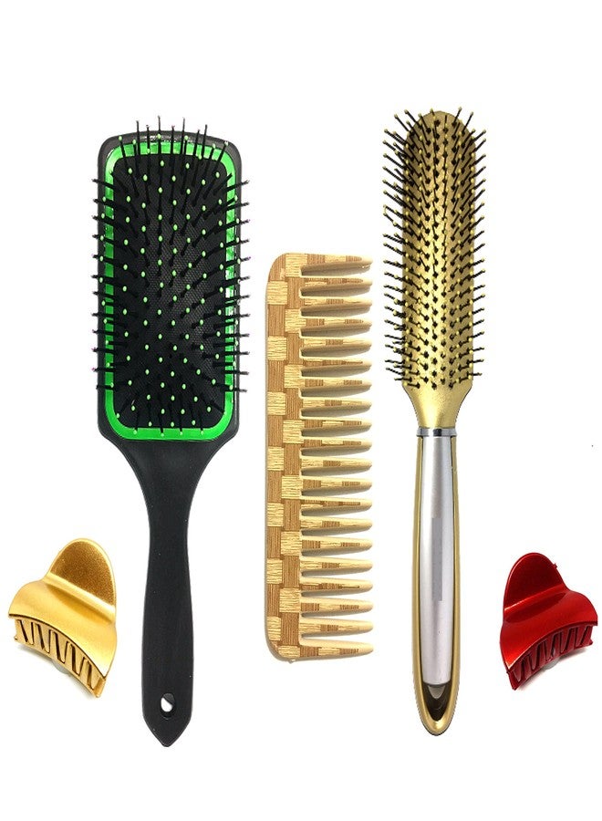 BigBro Hair Brush Cushioned Paddle Hair Brush(1pc) Curved Hair Brush (1pc) Wooden finish Wide Teeth Plastic Comb(1pc) Hair Clutcher(2 pc) for Hair Styling for Women and Men (Super Saver Combo) - Image 2