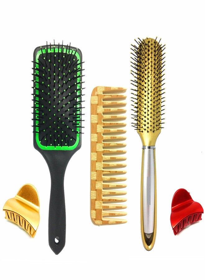 BigBro Hair Brush Cushioned Paddle Hair Brush(1pc) Curved Hair Brush (1pc) Wooden finish Wide Teeth Plastic Comb(1pc) Hair Clutcher(2 pc) for Hair Styling for Women and Men (Super Saver Combo) - Image 4