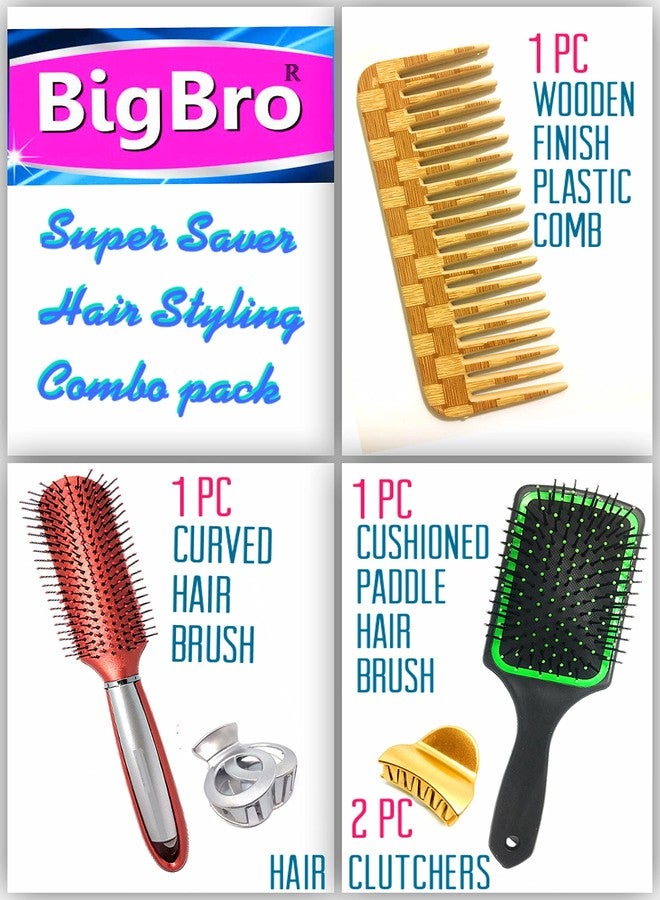 BigBro Hair Brush Cushioned Paddle Hair Brush(1pc) Curved Hair Brush (1pc) Wooden finish Wide Teeth Plastic Comb(1pc) Hair Clutcher(2 pc) for Hair Styling for Women and Men (Super Saver Combo) - Image 3
