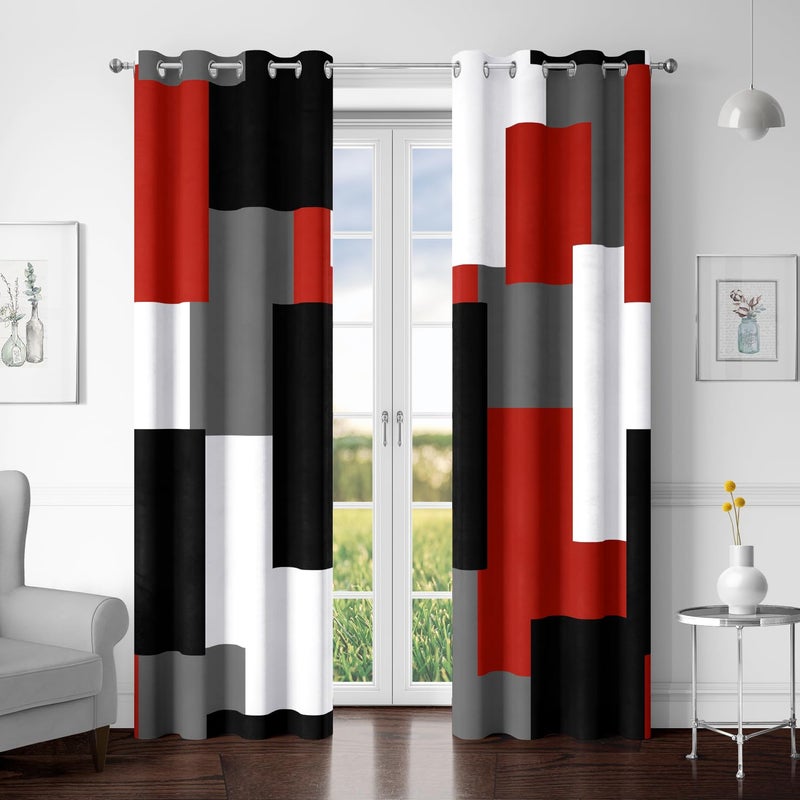 Tyrot Red Black 100% Blackout Curtains for Bedroom 72 inch Length 2 Panels Set White Grey Modern Abstract Geometric Black Out Curtains Insulated Room Darkening Window Drapes for Living Room, 52Wx72L - Image 1