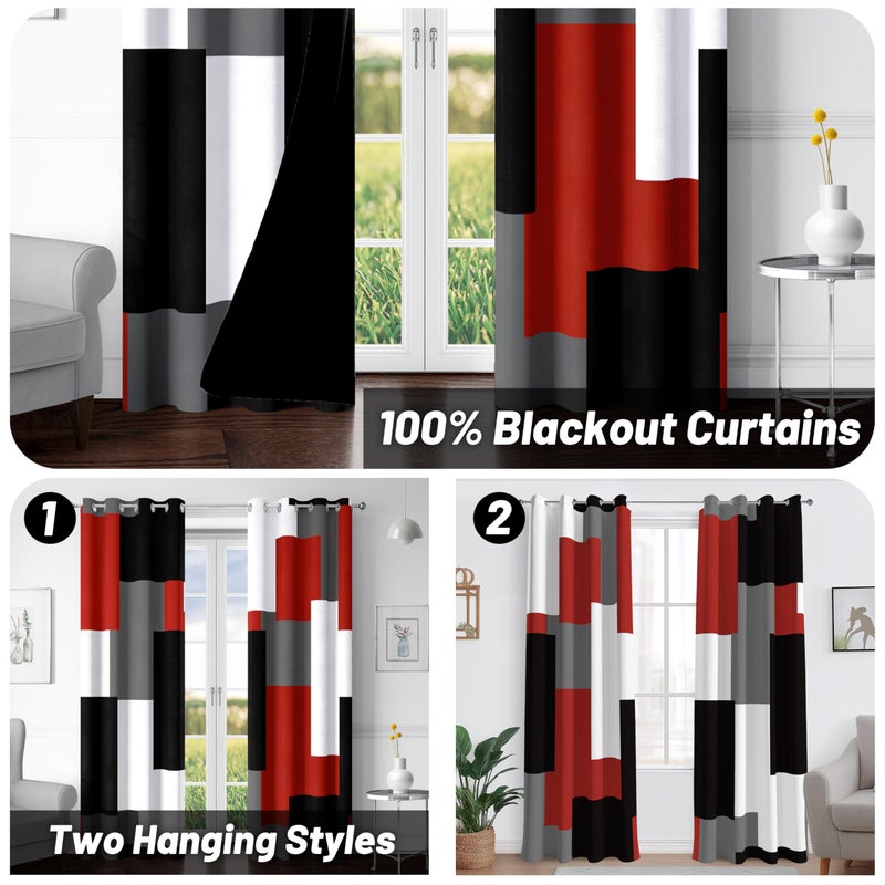 Tyrot Red Black 100% Blackout Curtains for Bedroom 72 inch Length 2 Panels Set White Grey Modern Abstract Geometric Black Out Curtains Insulated Room Darkening Window Drapes for Living Room, 52Wx72L - Image 2