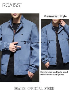 roaiss New Men Casual Jacket Outdoor Autumn Windbreaker Cargo Jackets Mens Loose Solid Outwear Coat Stand Collar Multi-pocket  - Image 3