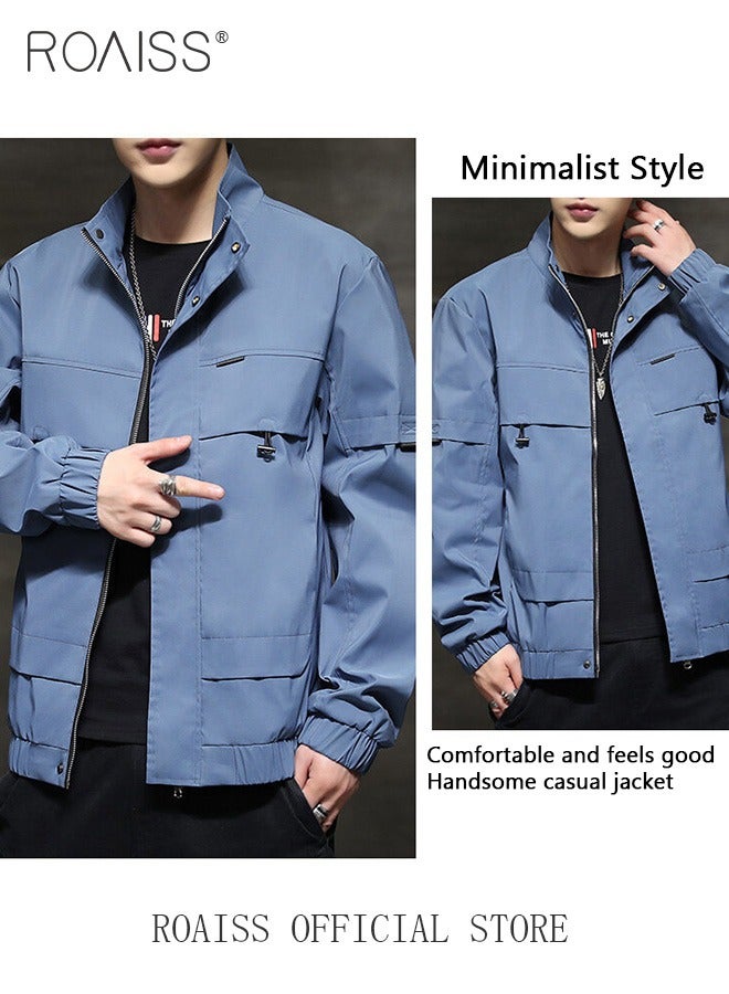 roaiss New Men Casual Jacket Outdoor Autumn Windbreaker Cargo Jackets Mens Loose Solid Outwear Coat Stand Collar Multi-pocket  - Image 3
