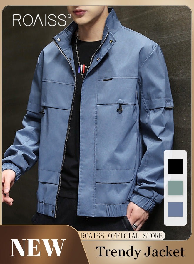 roaiss New Men Casual Jacket Outdoor Autumn Windbreaker Cargo Jackets Mens Loose Solid Outwear Coat Stand Collar Multi-pocket  - Image 1