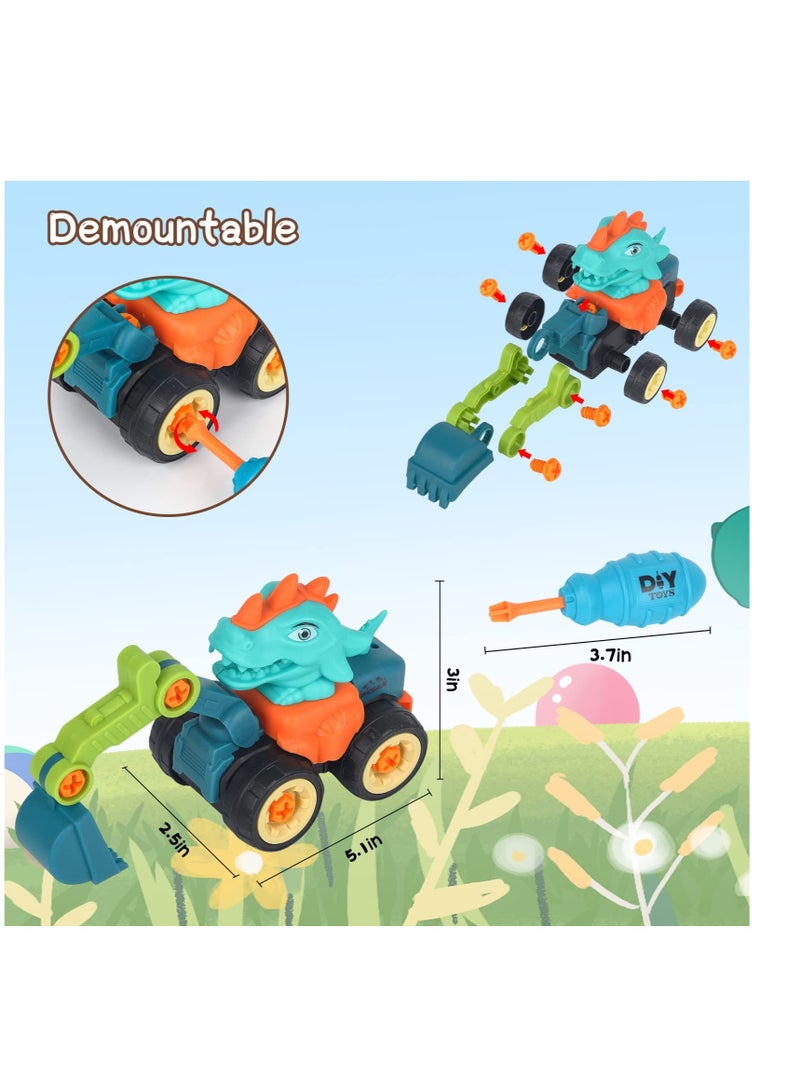 SOLARAE Digger Toys, Dinosaurs Construction Digger Toys, Dinosaur Truck Toys, with Screwdriver, Bulldozer, Excavator,Road Roller Toys, for Kids Boys Birthday Toys(4Pcs) - Image 2