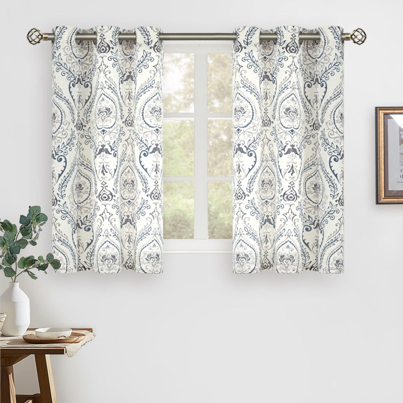 LAMIT Linen Curtains 40 inch Length for Small Windows, Light Filtering Semi Sheer Linen Curtains Grommet Vintage Damask Flower Pattern Drapes for Kitchen/Cafe, 2 Panels, 34 x 40 Inch, Greyish Blue - Image 1