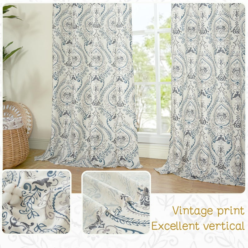 LAMIT Linen Curtains 40 inch Length for Small Windows, Light Filtering Semi Sheer Linen Curtains Grommet Vintage Damask Flower Pattern Drapes for Kitchen/Cafe, 2 Panels, 34 x 40 Inch, Greyish Blue - Image 4