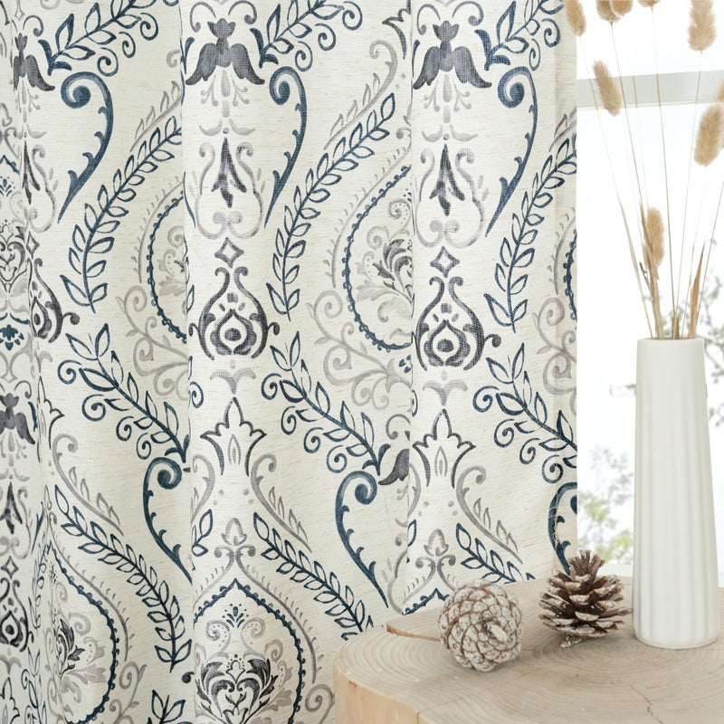 LAMIT Linen Curtains 40 inch Length for Small Windows, Light Filtering Semi Sheer Linen Curtains Grommet Vintage Damask Flower Pattern Drapes for Kitchen/Cafe, 2 Panels, 34 x 40 Inch, Greyish Blue - Image 2