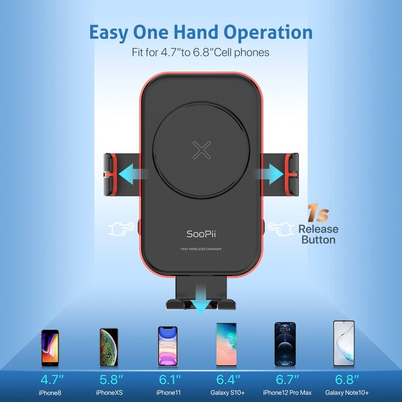 SooPii Wireless Car Charger Mount, 15W Qi Fast Charging, Auto-Clamping,2 styles Air Vent Phone Holder Included, Compatible with lPhone 13/12/11/XS/XR/X/8,Samsung S21/S20/S10/S9/S8 Note 10 - Image 4