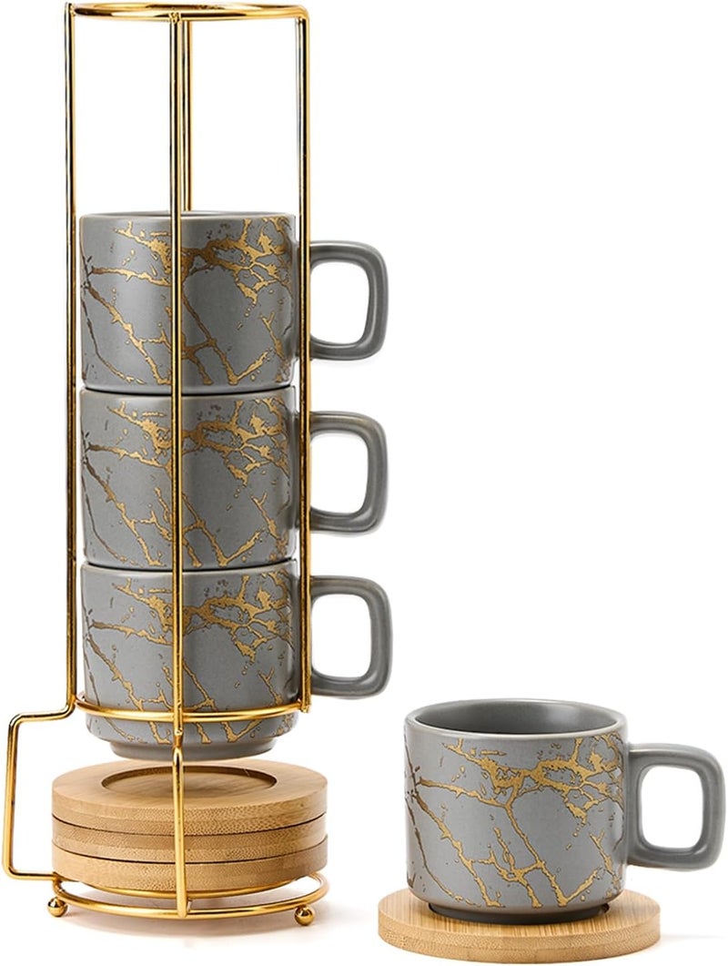 LUKA Porcelain Espresso Cup with Saucer and Metal Stand, 4 Ounce Stackable Ceramic Demitasse Espresso Mugs Cups Set for Latte, Specialty Coffee Drinks, Cafe Mocha,Tea - Set of 4, Gray - Image 1