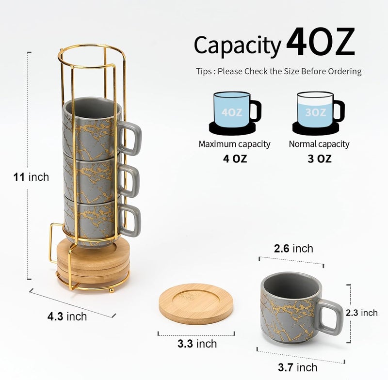 LUKA Porcelain Espresso Cup with Saucer and Metal Stand, 4 Ounce Stackable Ceramic Demitasse Espresso Mugs Cups Set for Latte, Specialty Coffee Drinks, Cafe Mocha,Tea - Set of 4, Gray - Image 2