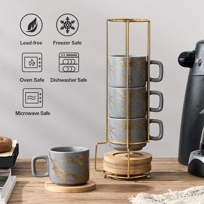 LUKA Porcelain Espresso Cup with Saucer and Metal Stand, 4 Ounce Stackable Ceramic Demitasse Espresso Mugs Cups Set for Latte, Specialty Coffee Drinks, Cafe Mocha,Tea - Set of 4, Gray - Image 4