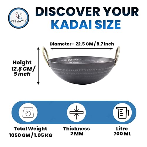 VISMAY'S 700 ML 8.7 inch Food Grade Iron Kadai India’s 1st Smooth Edge Kadhai Strong Riveted Handle Traditional Frying Pan Wok Hammered Heavy Base Metal Spoon Friendly Works on Gas and Induction - Image 2