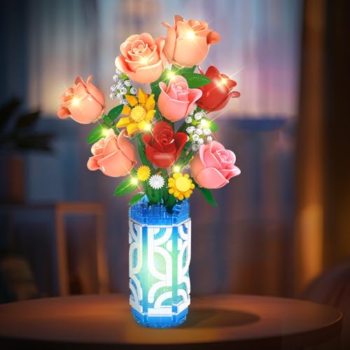 CUBIMANA 14 Flowers Bouquet Building Set with Vase and LED Light, Mother's Day 747 PCS Mini Roses Flower Botanical Building Blocks Toy, Birthday Gifts for Adults, Artificial Roses Flowers Home Decor - Image 3