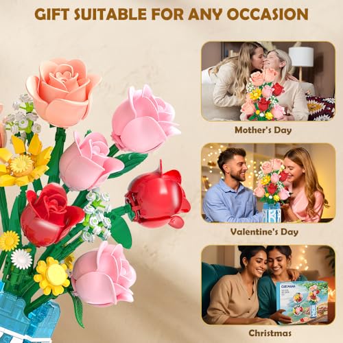 CUBIMANA 14 Flowers Bouquet Building Set with Vase and LED Light, Mother's Day 747 PCS Mini Roses Flower Botanical Building Blocks Toy, Birthday Gifts for Adults, Artificial Roses Flowers Home Decor - Image 4