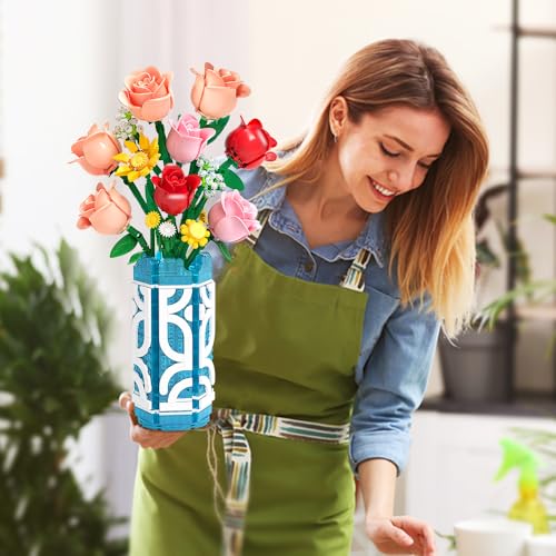 CUBIMANA 14 Flowers Bouquet Building Set with Vase and LED Light, Mother's Day 747 PCS Mini Roses Flower Botanical Building Blocks Toy, Birthday Gifts for Adults, Artificial Roses Flowers Home Decor - Image 2