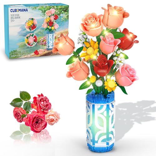 CUBIMANA 14 Flowers Bouquet Building Set with Vase and LED Light, Mother's Day 747 PCS Mini Roses Flower Botanical Building Blocks Toy, Birthday Gifts for Adults, Artificial Roses Flowers Home Decor - Image 1
