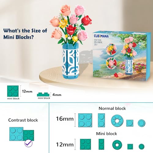 CUBIMANA 14 Flowers Bouquet Building Set with Vase and LED Light, Mother's Day 747 PCS Mini Roses Flower Botanical Building Blocks Toy, Birthday Gifts for Adults, Artificial Roses Flowers Home Decor - Image 5