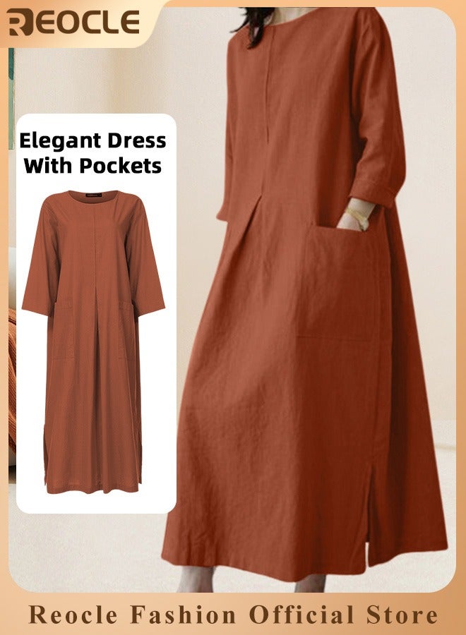 ريوكل فستان ماكسي نسائي من القطن والكتان بأكمام طويلة وفستان طويل كاجوال مع جيوب وفستان بسيط فضفاض برقبة دائرية - Image 1