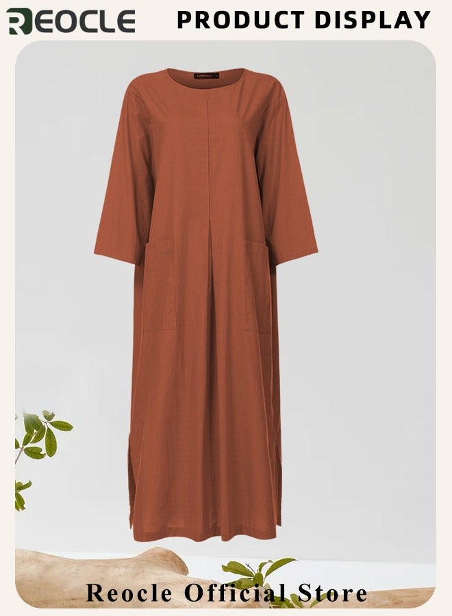 ريوكل فستان ماكسي نسائي من القطن والكتان بأكمام طويلة وفستان طويل كاجوال مع جيوب وفستان بسيط فضفاض برقبة دائرية - Image 5