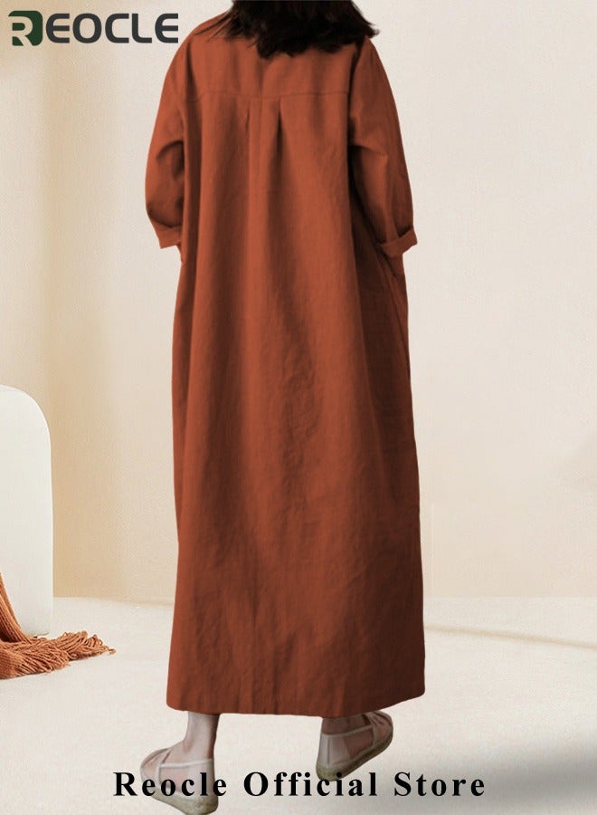 ريوكل فستان ماكسي نسائي من القطن والكتان بأكمام طويلة وفستان طويل كاجوال مع جيوب وفستان بسيط فضفاض برقبة دائرية - Image 2
