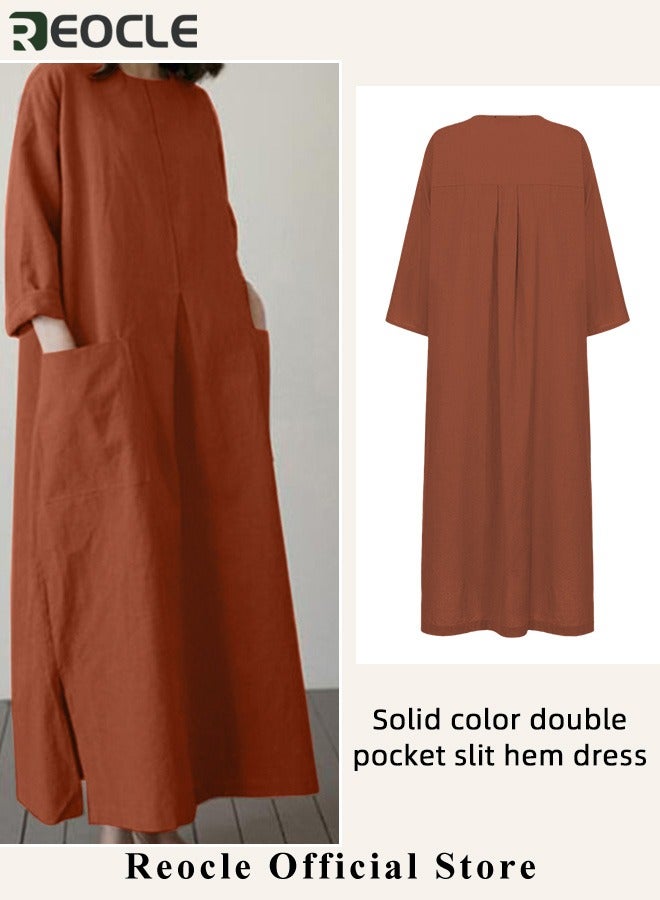 ريوكل فستان ماكسي نسائي من القطن والكتان بأكمام طويلة وفستان طويل كاجوال مع جيوب وفستان بسيط فضفاض برقبة دائرية - Image 3