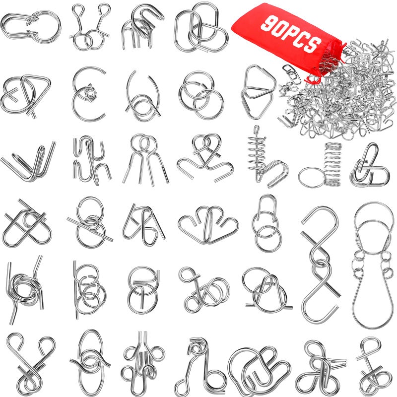 Yilloog Set of 90 Metal Brain Teaser Puzzles with Pouch Steel Puzzle Games Physics Mind Metal Wire Puzzles for Adults Basket Stocking Stuffers for Teen Boys Girls Kids Desk Trinkets Challenge Gift - Image 3