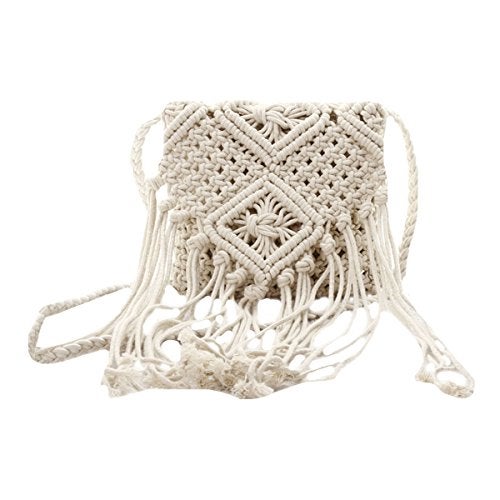 Lobagve Women Crochet Beach Bag Fringed Bohemian Crossbody Shoulder Purse Cotton Pouch,White - Image 1